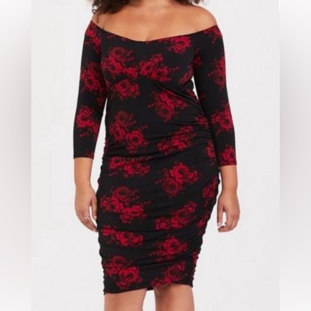 Torrid Size 6  Black Off-Shoulder Midi Dress with Red Rose Print